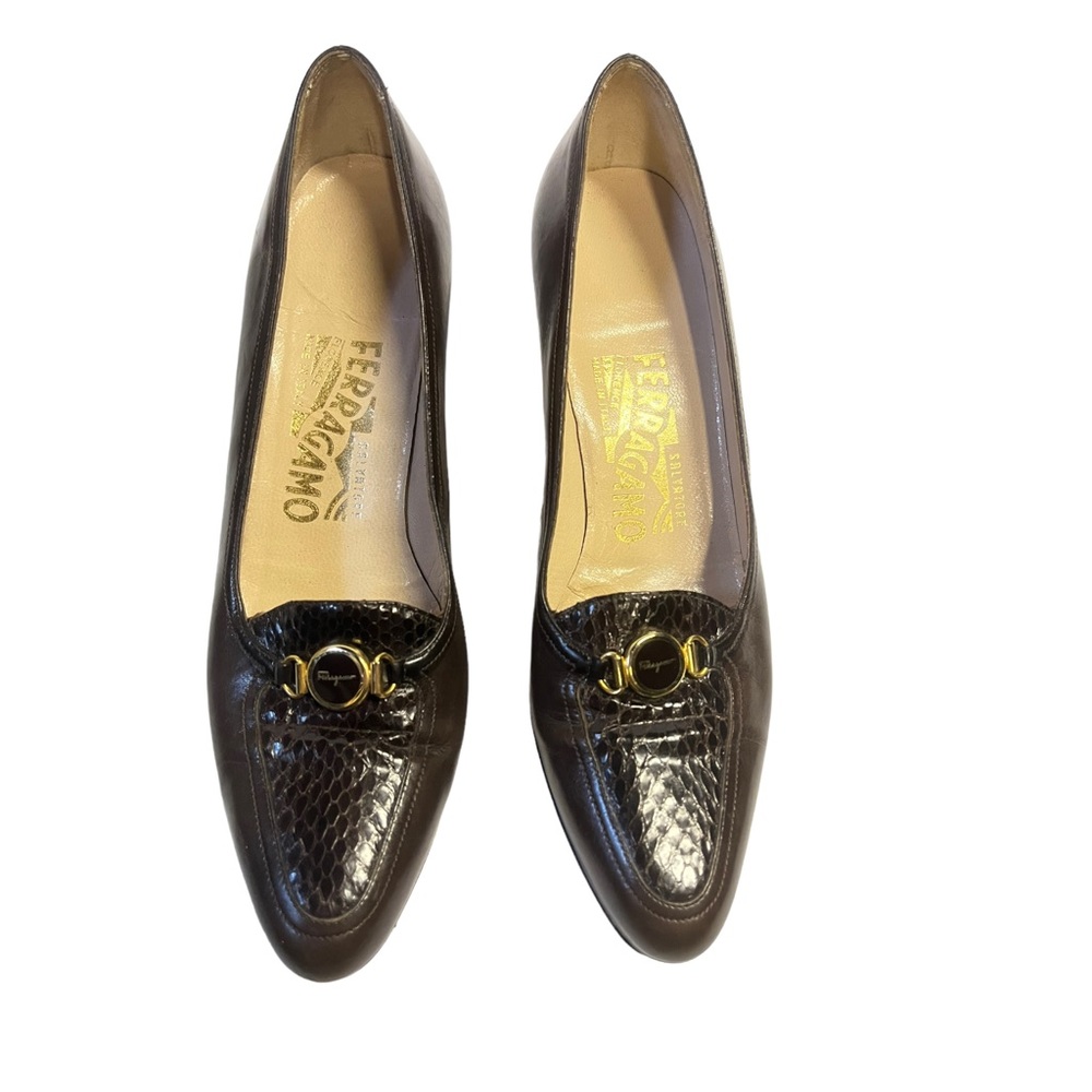 Salvatore Ferragamo Brown Leather Pumps Snakeskin Made in Italy Italian Heels